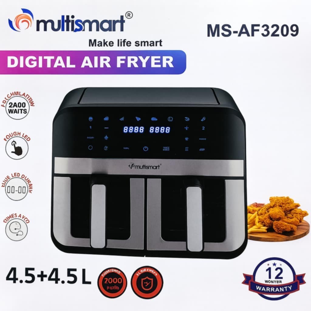 Friteuse sans huile inox 09L Double Bac Avec Fenêtre Visible 2400W Multismart MS-AF3209