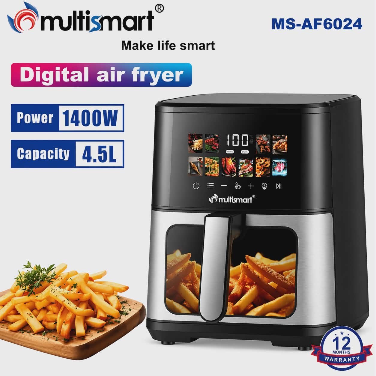 Friteuse inox Sans Huile 4.5L 1400W Numérique Avec Fenêtre Visible Multismart MS-AF6024 – Image 3